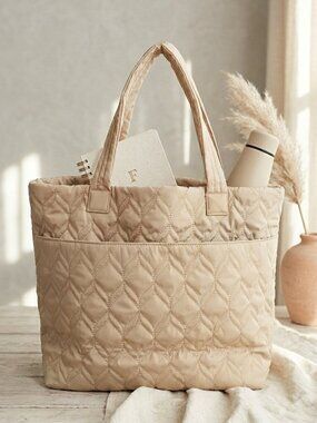 NWOT Fabletics Large Quilted Puffer Tote Bag Oatmeal Gym Travel NEW